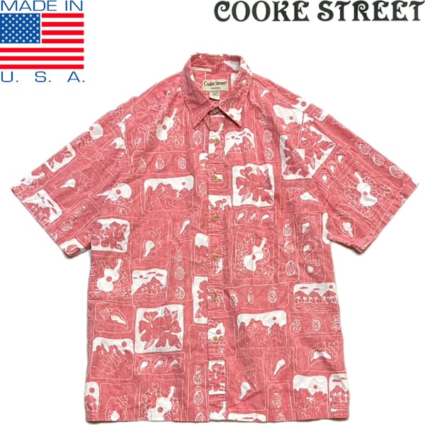 OLD CROW ハワイアンシャツ　XL 1点物◇USA製Cookeハワイアンシャツ赤アロハシャツ古着LメンズXL