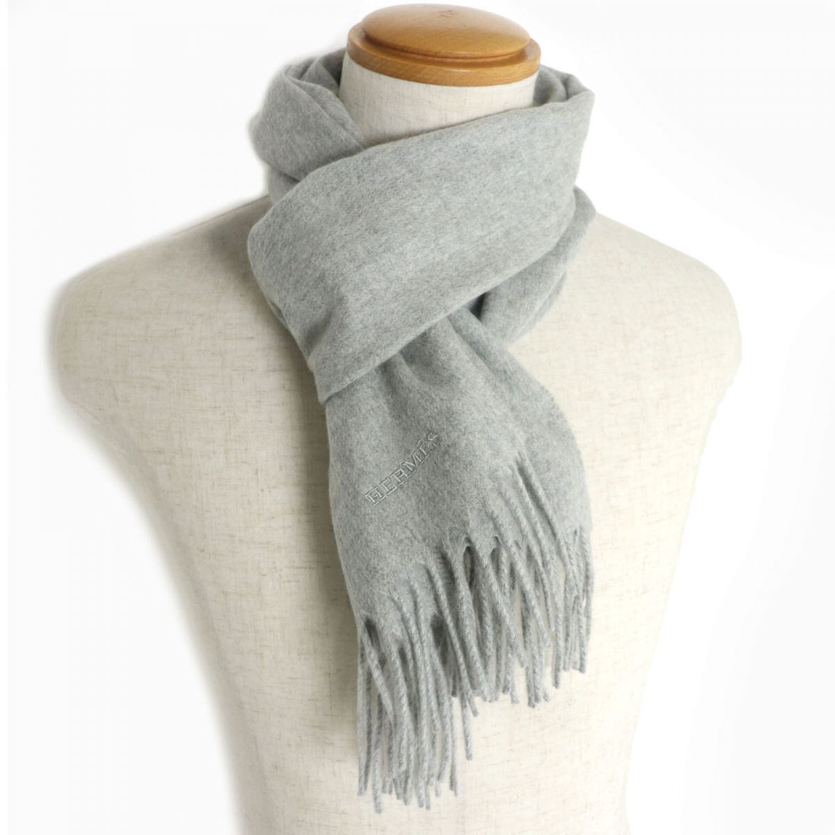 美品】エルメスカシミアマフラー刺繍フリンジグレー