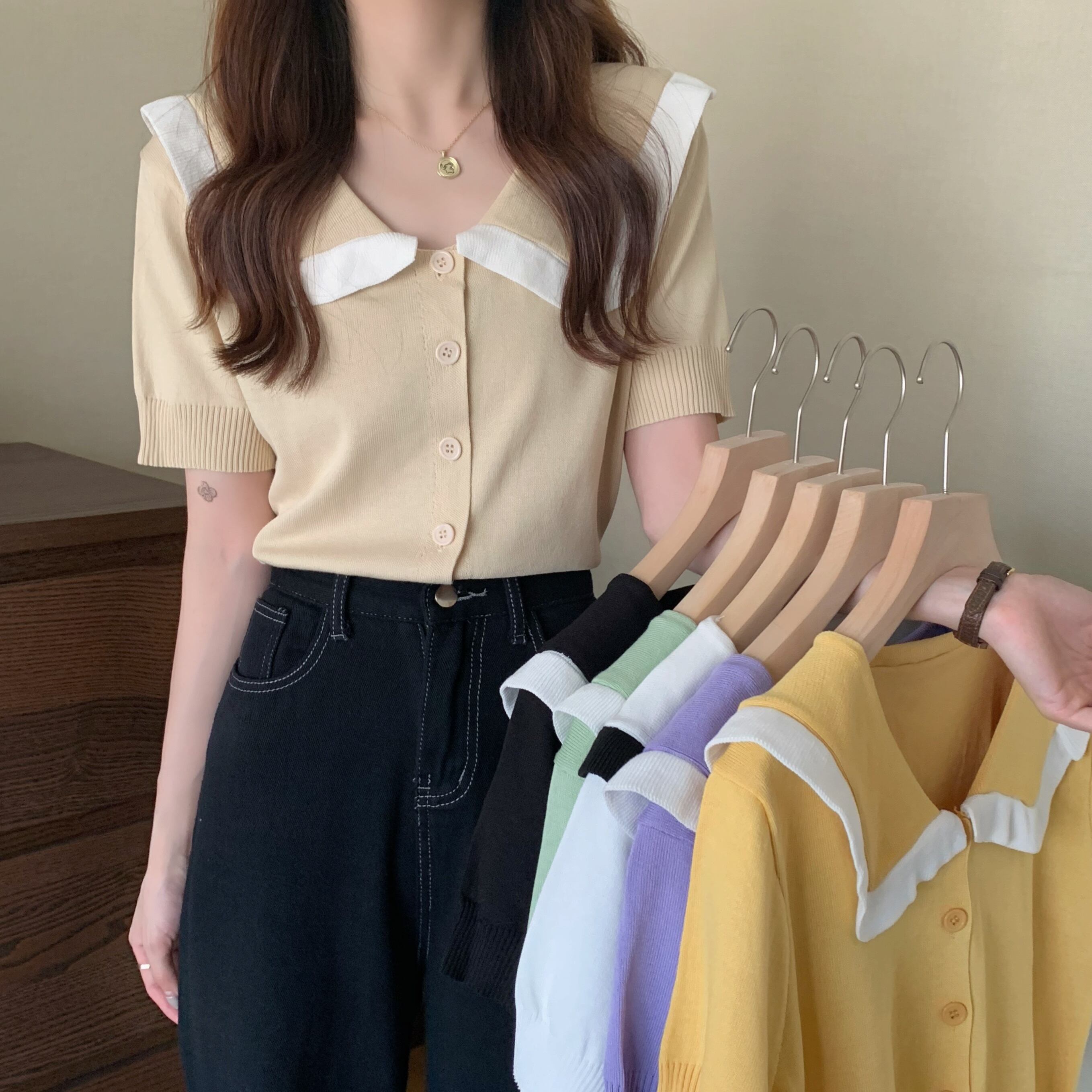 薄手ニットセーター レディースサマースタンダードカラーショートトップス スリムカーディガン レトロ 夏物 1号婦人20960767515