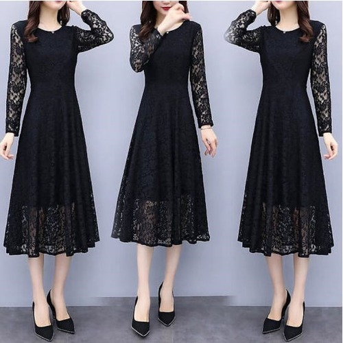 ドレス ワンピース パーティードレス ドレスワンピース 結婚式 発表会 演奏会 フォーマル レース 膝丈 Aライン 長袖 黒 秋冬 韓国 20代 30代 40代 大きいサイズ