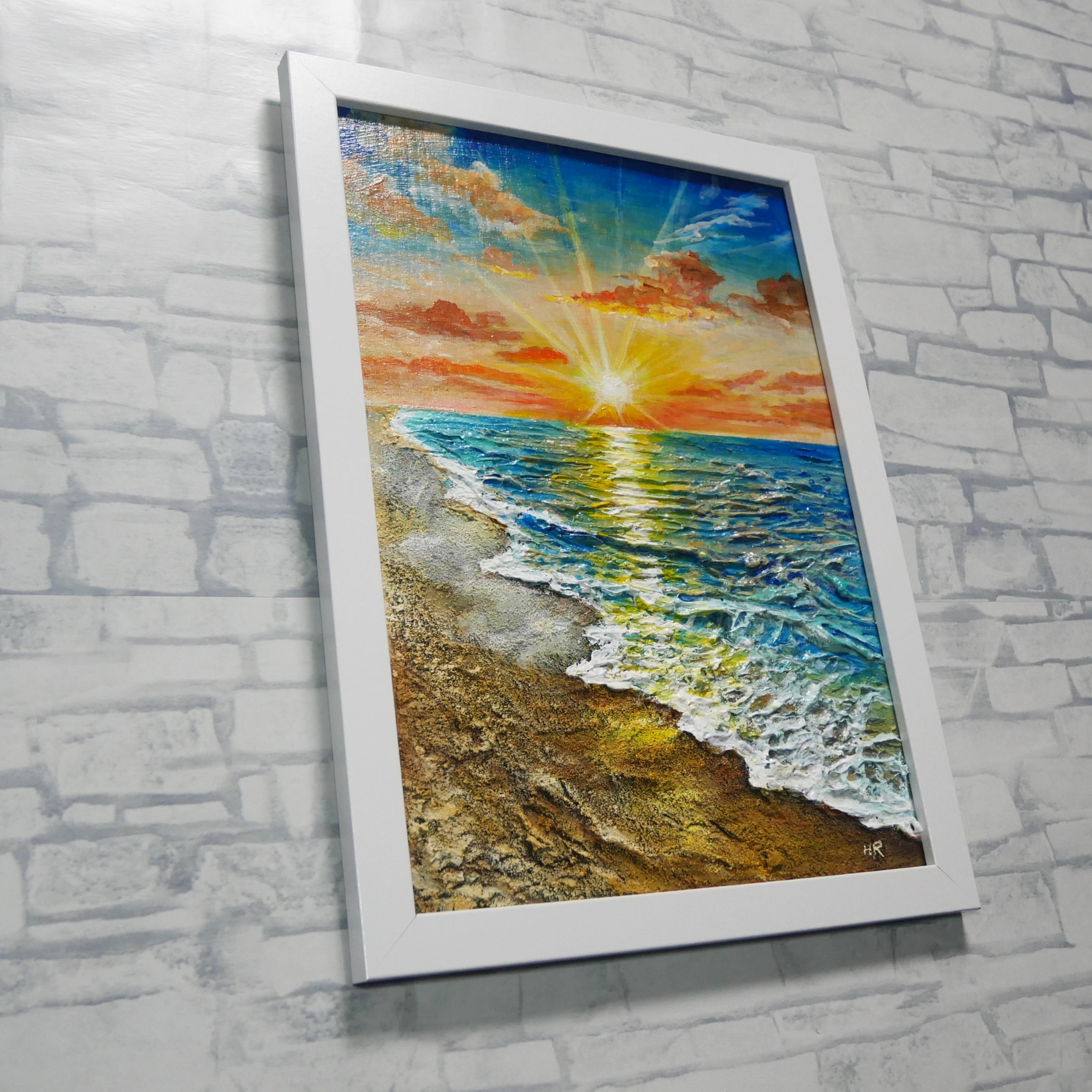 海の絵。風景画。絵画。油絵。原画。 黄金比の朝景】油絵 原画 海の絵 朝日 風景画 夏のインテリア 新築祝い