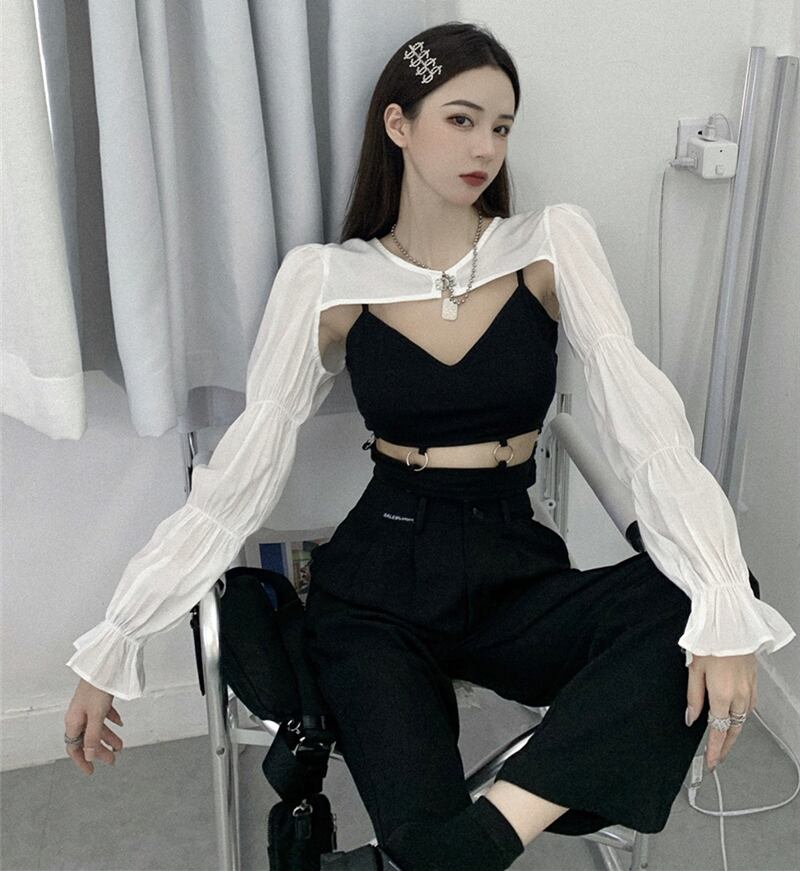 ホワイトショール長袖パフスリーブシャツレディース秋のデザインセンスニッチシャツ超短袖アウターオールマッチトップ ブラックストロベリース83038399179