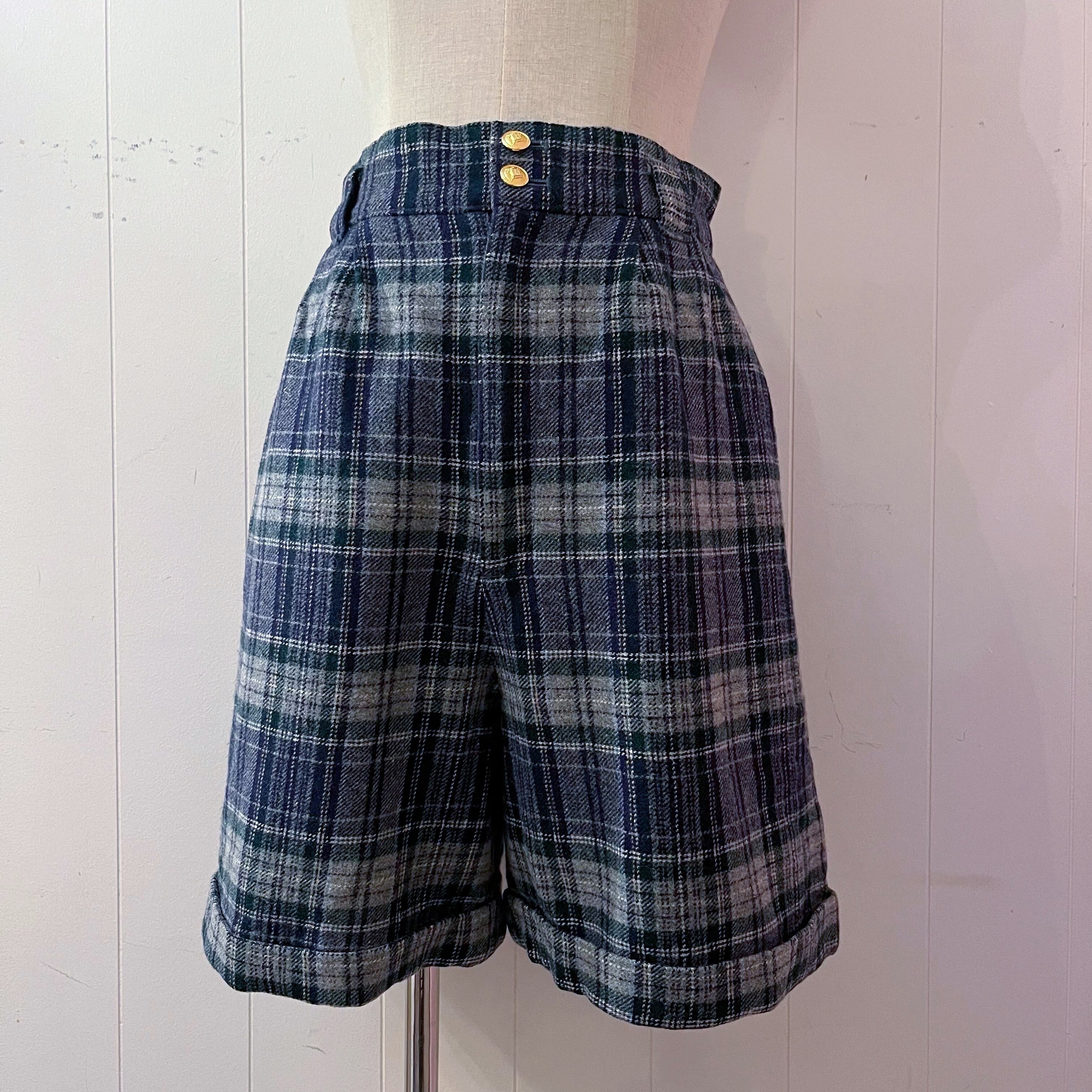 gold button blue check pants