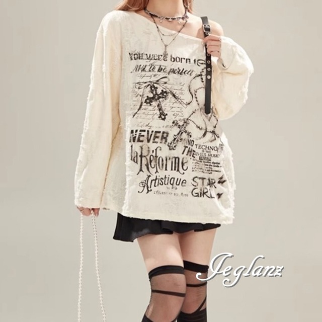 2色  Tシャツ ロンT トップス スタッズベルト ワンショル ルーズ ♪ （MB628）ρ