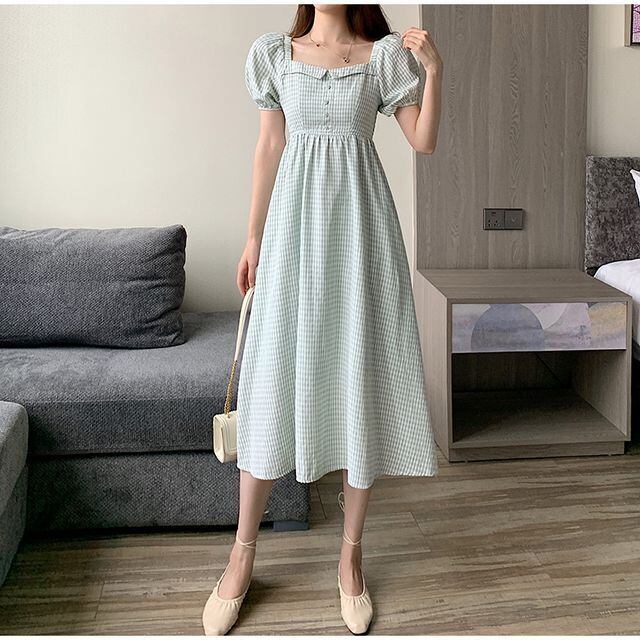 ギンガムチェックワンピース ガーリー ワンピース 半袖 パフスリーブ 袖コンシャス ミモレ丈 Aライン スクエアネック フェミニン ガーリー 大人ガーリー 大人カジュアル カジュアル 夏 春 Op 07 Y Hapi Hapi Girl ハピ ガル