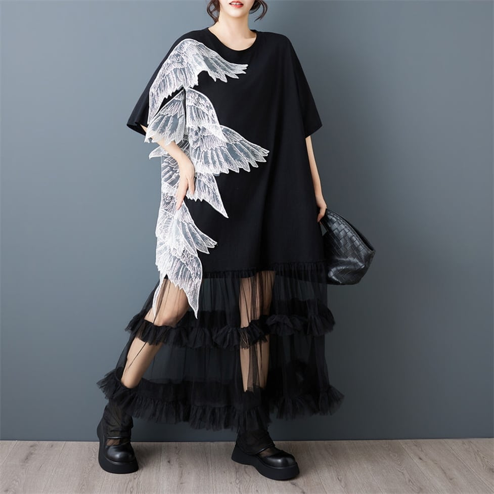 asymmetry sheer tulle tiered onepiece / l0838