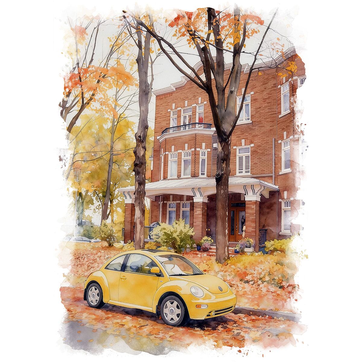 絵画 紅葉の中のフォルクスワーゲン ニュービートル インテリアアート