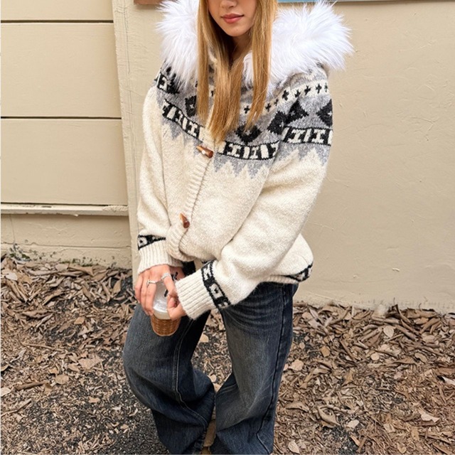 ノルディックファーウッドボタンニットジャケット 2col   R01274