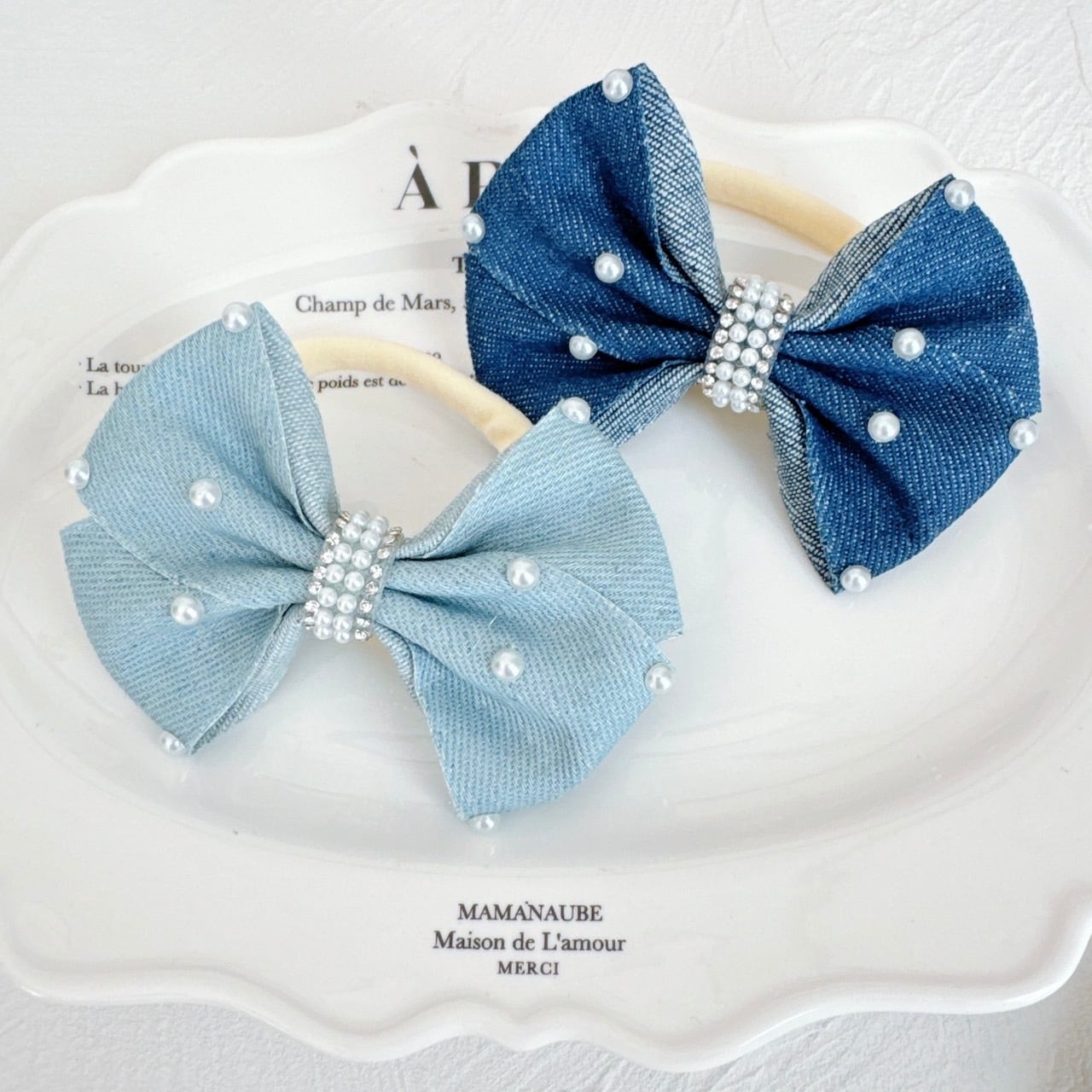 デニムパールリボンヘアバンド（後ろ支え付き）