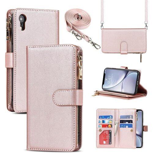 Pelanty for iPhone XR 縄掛けケース 手帳型 携帯カバー 肩掛け首かけ斜めがけ ショルダー 合成皮革+TPUケース マグネット iPhoneXR 財布型カバー ICカード お札入れ小銭入れ大容量 収納ポケット スタンド機能 アイフォンXR ストラップ付き 落下防止 耐衝撃 耐摩擦 全面保護 肩縄付き-ローズゴールド 1058