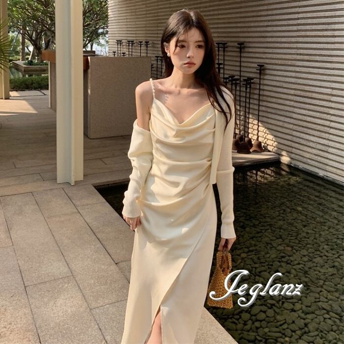 3色 パール付き ストラップ キャミ ワンピース スリット入り 3色 パール付き ストラップ キャミ ワンピース スリット入り