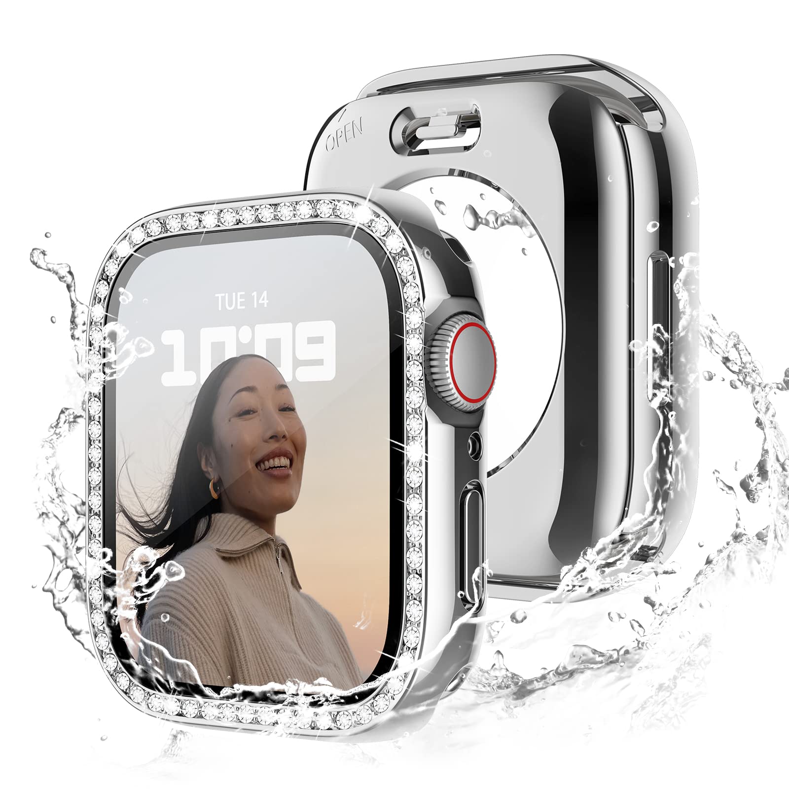 【人気】360度防水設計 Recoppa コンパチブル Apple Watch ケース 40mm キラキラ アップルウォッチカバー 防水ケース Series 6 5 4 SEに対応 ガラスフィルム付き 一体型 IP68完全防水 ダイヤモンド 光沢感 オシャレ レディース シルバー 40mm