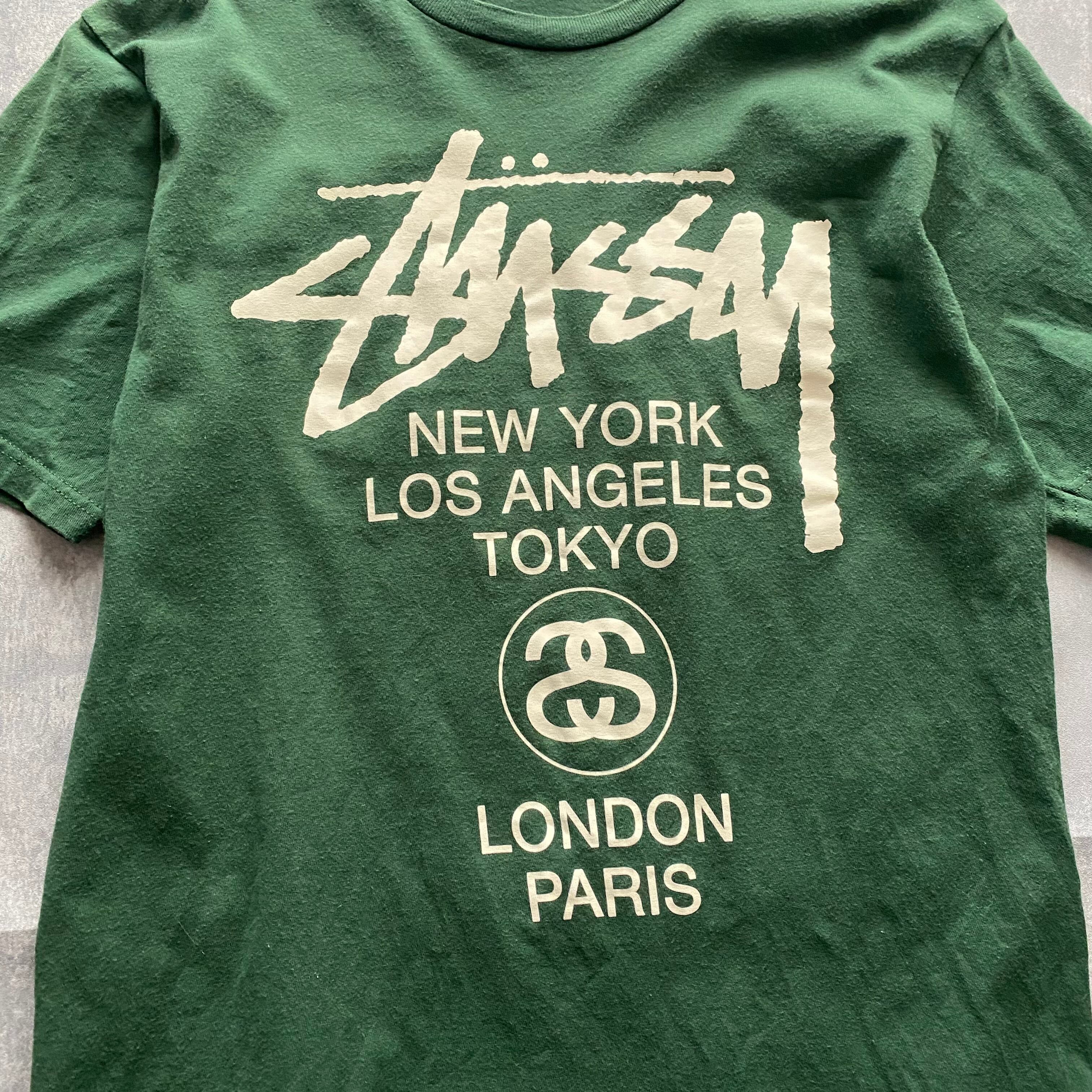 【アースカラー】ステューシー　プリント両面ロゴ　グリーン　Tシャツ