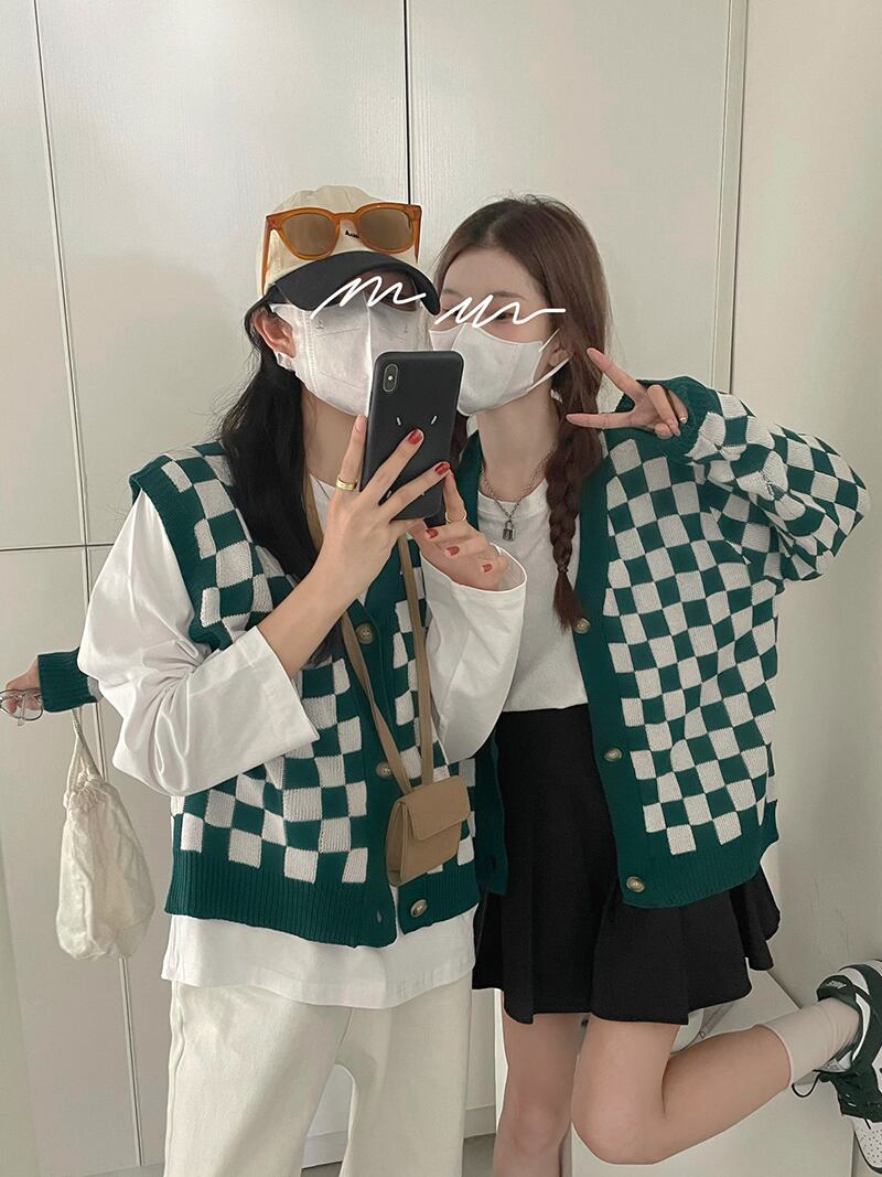 スタンダード格子柄長袖スリーブニットカーディガンオータム薄手セーター ジャケット トップス ロング レトロ 秋物 モンロー18818965882