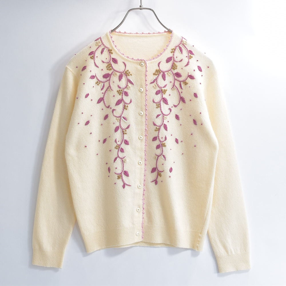 60～70s Embroidery designボタニカル フラワー刺繍 デザイン クロシェトリム ウールニットカーディガン アイボリー ピンク ヴィンテージ ビンテージ 古着 レディースXS相当 60～70s Embroidery designボタニカル フラワー刺繍 デザイン クロシェ
