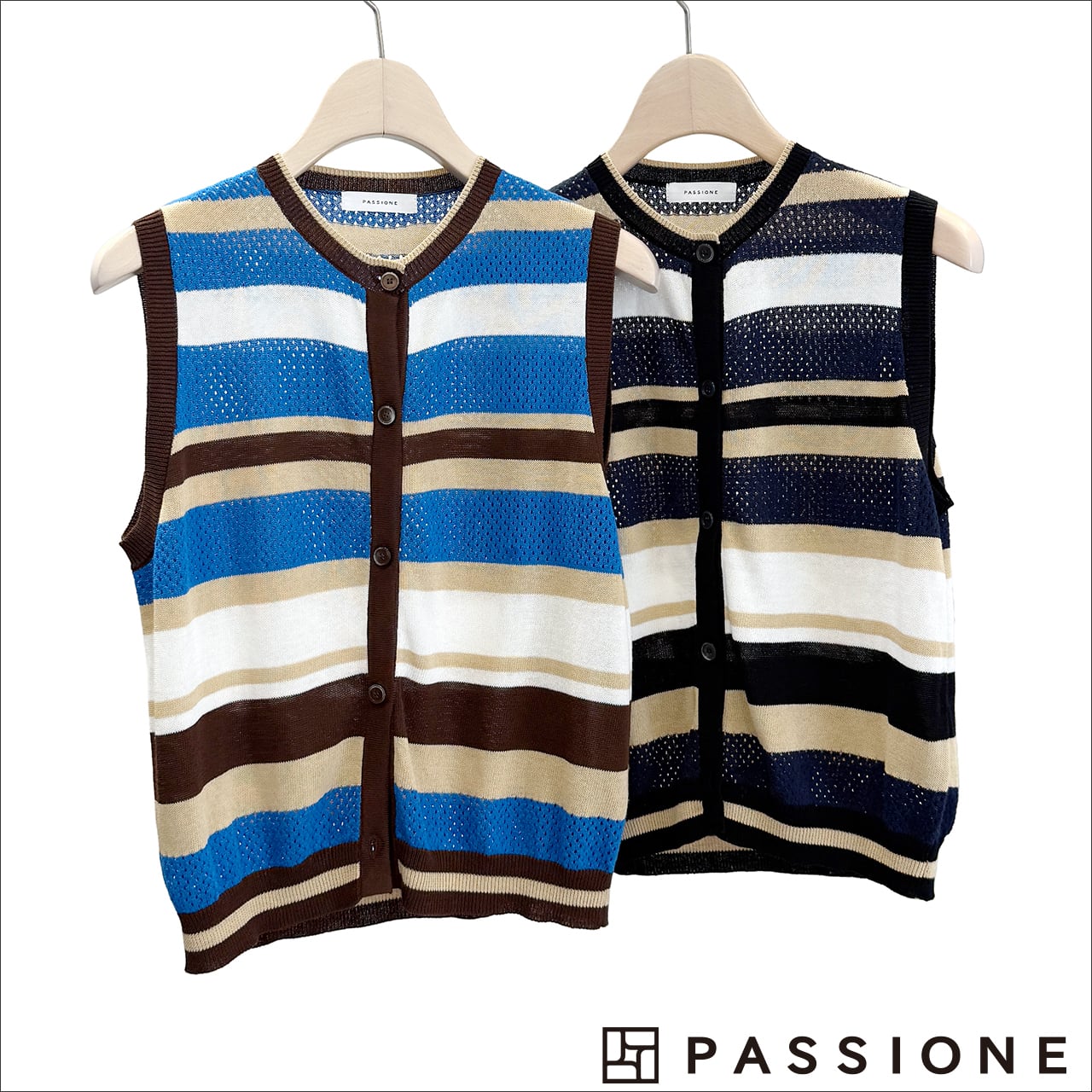 PASSIONE ボーダー柄ニットベスト (ブラウンブルー/ブラックネイビー)