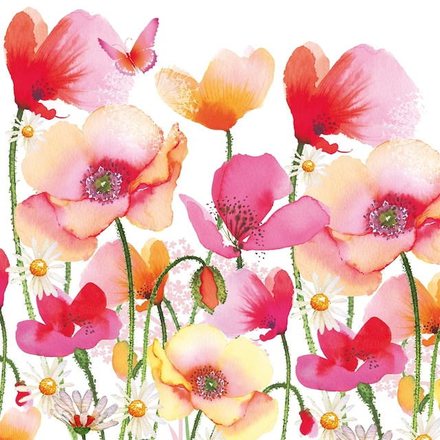 【Paperproducts Design】バラ売り2枚 ランチサイズ ペーパーナプキン Aquarell Poppies & Daisies ホワイト