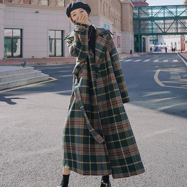 予約販売】チェック柄コート レディース ロング丈 グリーン 大人可愛い