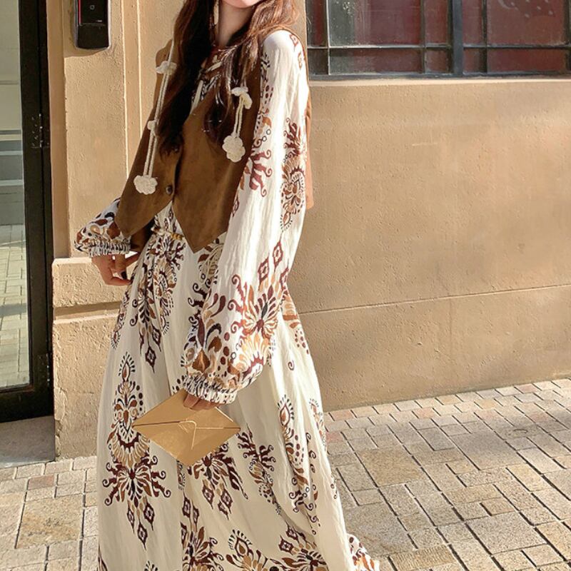 Damask Print Tassel Maxi Dress & Suede Vest Set S0289