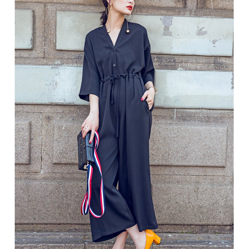 Vネック 七分袖 オールインワン