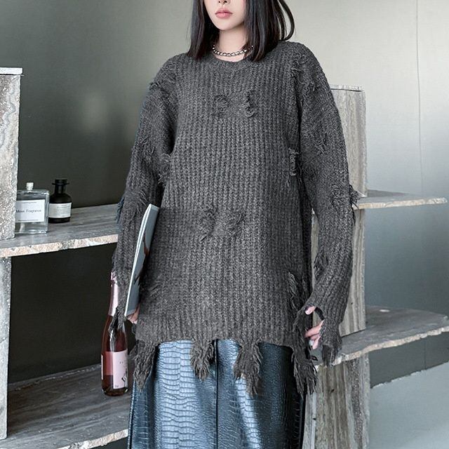 SOLID DAMAGED ROUND NECK PULLOVER KNIT 2colors M-15161