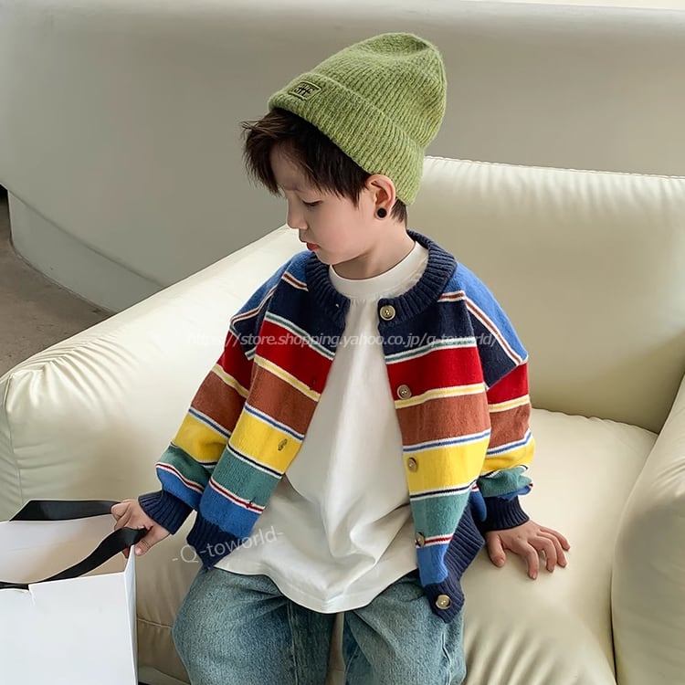 90㎝-150㎝】ニット カーディガンセーター カラフル レインボー 男の子  