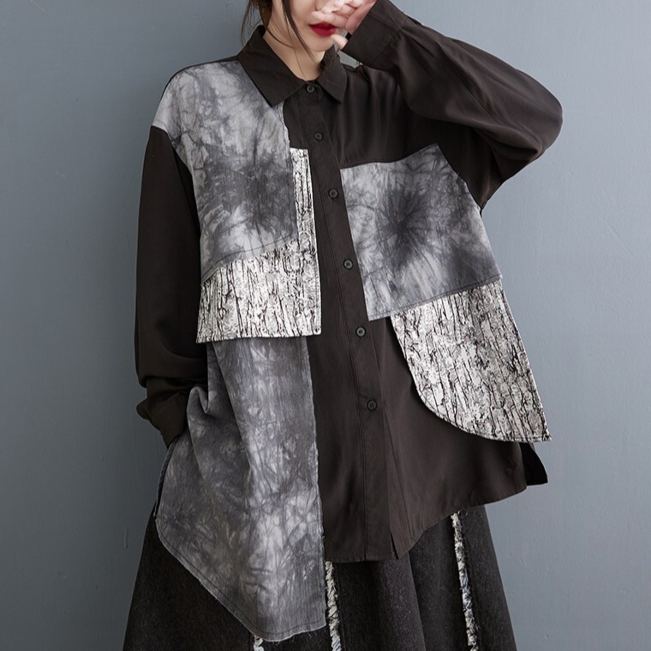Chic Patchwork Long Shirt / シック パッチワーク ロング シャツ