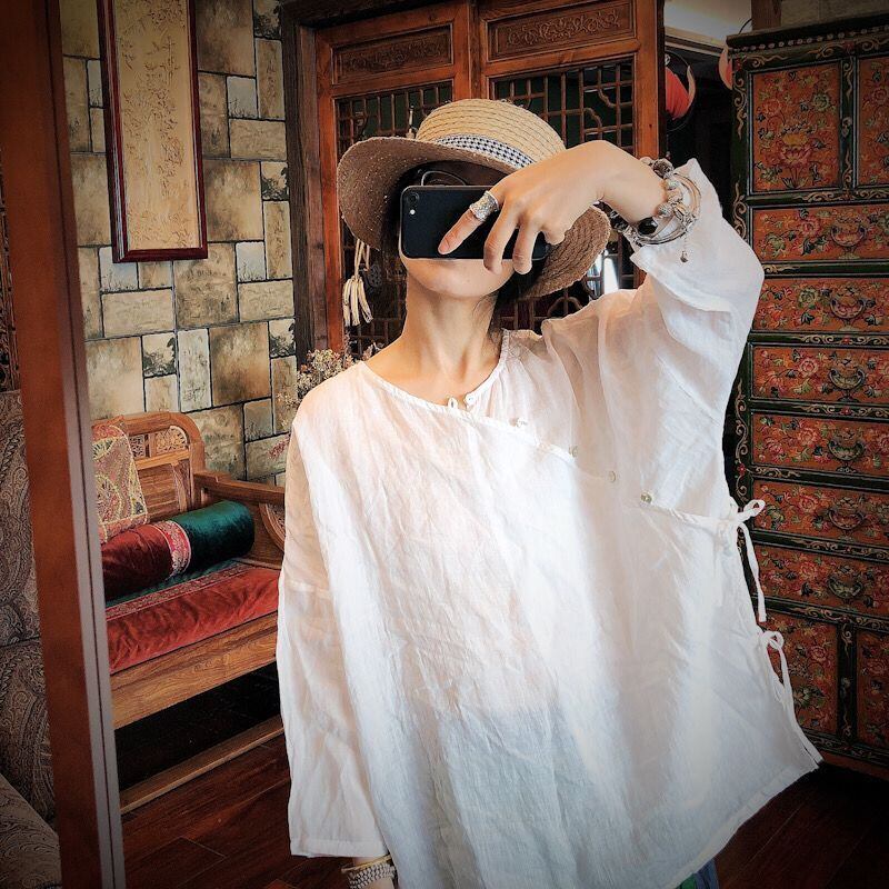 薄手レースシャツ ホワイト レースアップ Yiranxuaディースワード52897152068