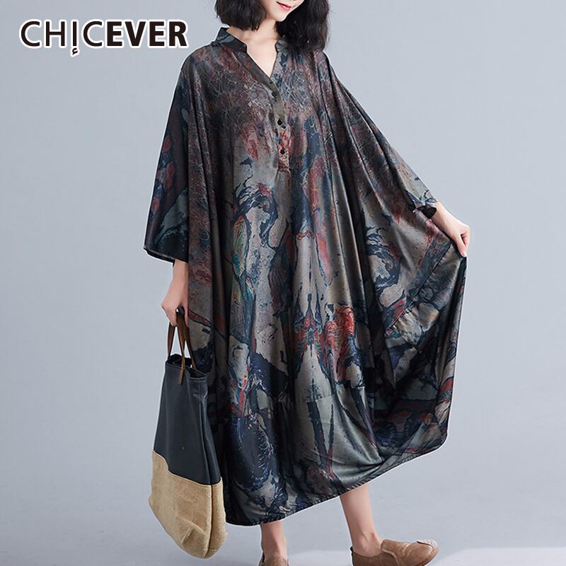 CHICEVERヴィンテージパッチワークプリントドレス女性不規則なVネックバットウィングスリーブルーズオーバーサイズミディドレス2020夏 サマー 夏物 ビンテージ 6base553618922570
