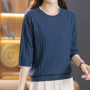 透かし編み ニット 七分袖 レディース 春夏 韓国 リブニット きれいめ シンプル 大人 カジュアル おしゃれ クルーネック トップス インナー サマーニット 大人可愛い 大人女子