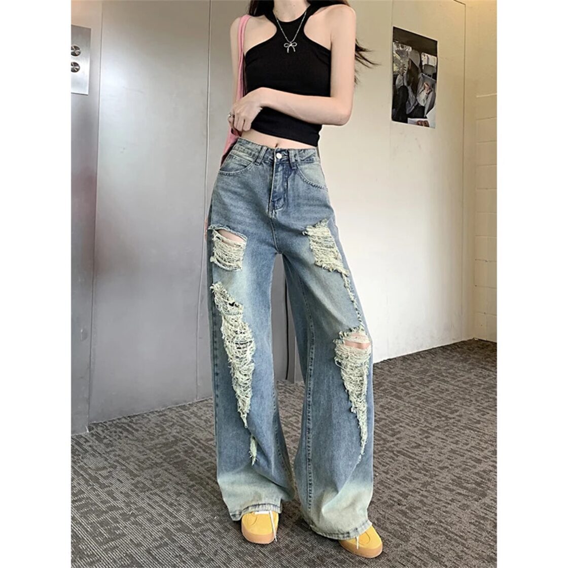 女性ブルーリッピングジーンズヴィンテージワイドレッグジーンズ 