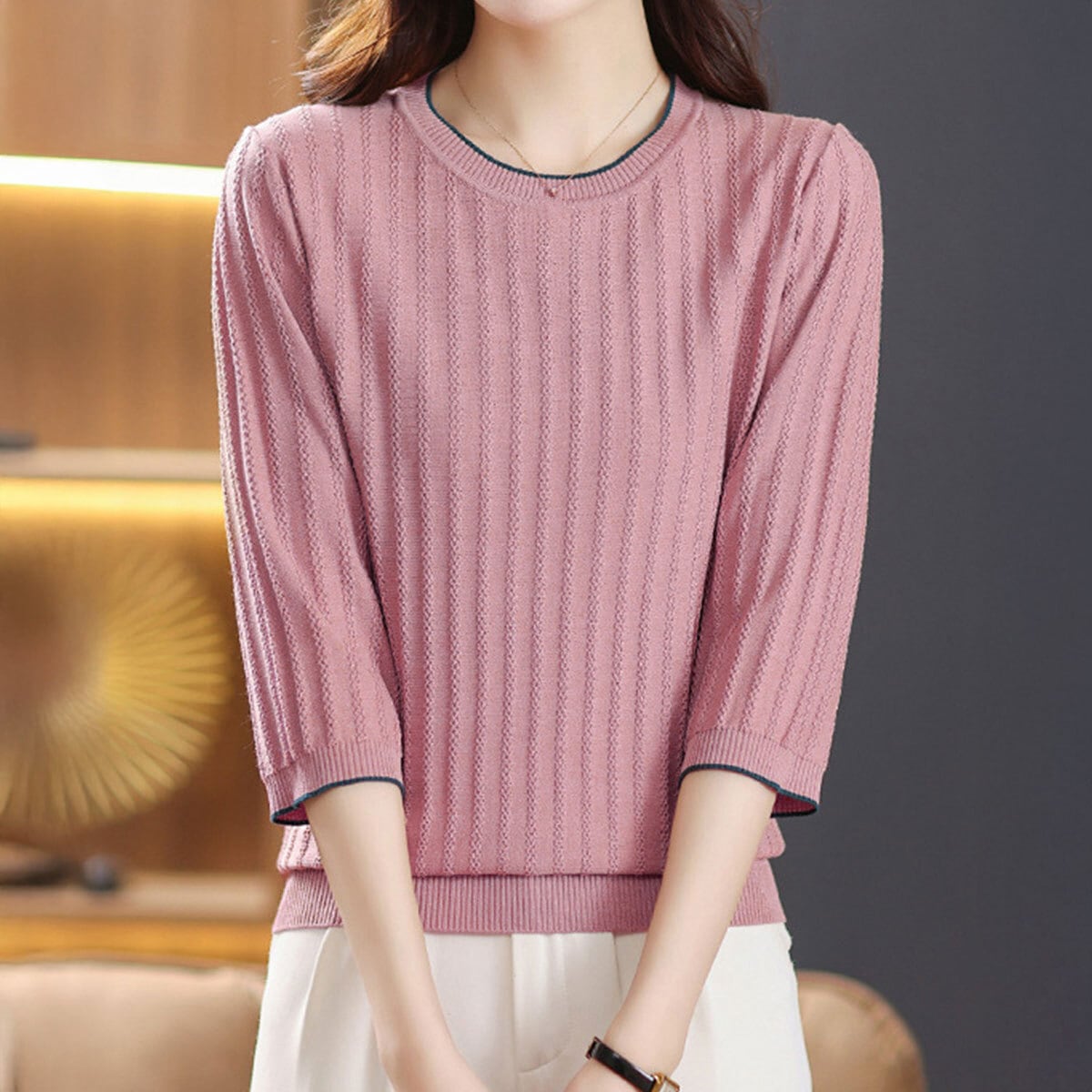 透かし編み ニット 七分袖 レディース 春夏 韓国 リブニット きれいめ シンプル 大人 カジュアル おしゃれ クルーネック トップス インナー サマーニット 大人可愛い 大人女子