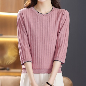 透かし編み ニット 七分袖 レディース 春夏 韓国 リブニット きれいめ シンプル 大人 カジュアル おしゃれ クルーネック トップス インナー サマーニット 大人可愛い 大人女子