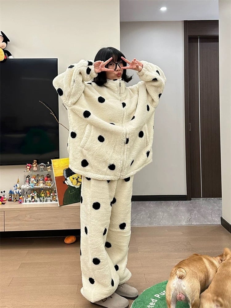 RomieHome モコモコドット水玉柄 上下セット モコモコパジャマ 秋冬