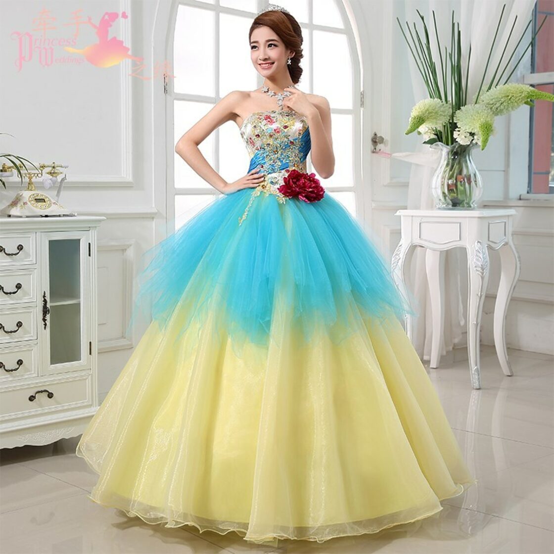 前撮り ドレス マスタードやイエロー ウエディングドレス ベアトップ  