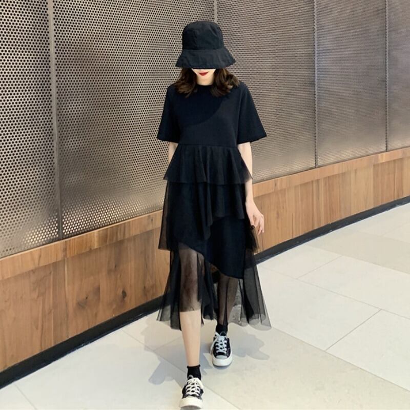 レディースサマードレス2020新バージョンルーズワイルド半袖スプライシングメッシュイレギュラーロングケーキスカート 1号婦人1949334945