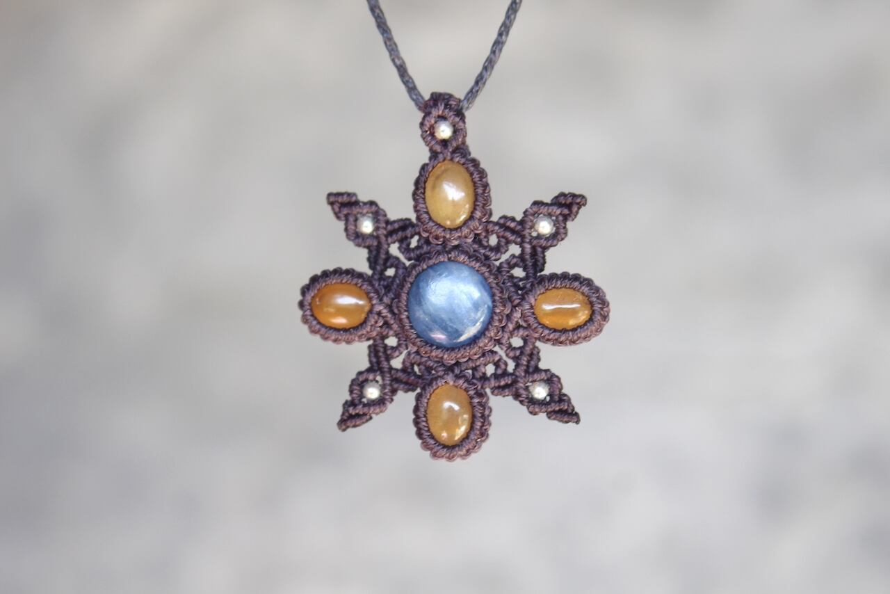 Kyanite & Hessonite Garnet micro macrame mandala pendant