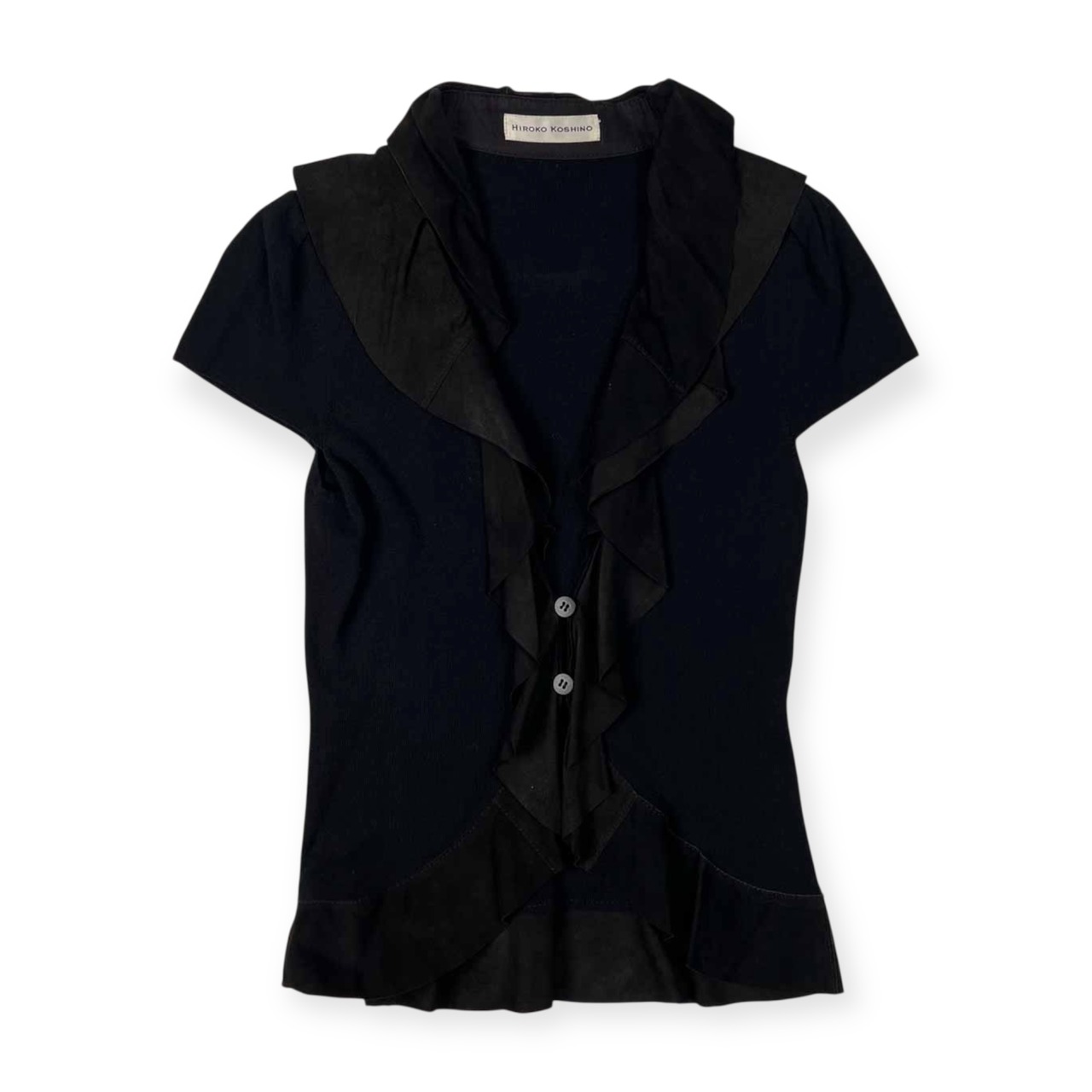 HIROKO KOSHINO ヒロココシノ 山羊革 ゴートレザー 切替 カシミヤ混 レーヨンニット 半袖 カーディガン サイズ 38 /ブラック