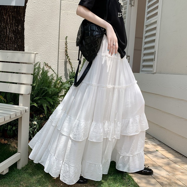 フリルティアードロング無地スカート♢全5色　14018