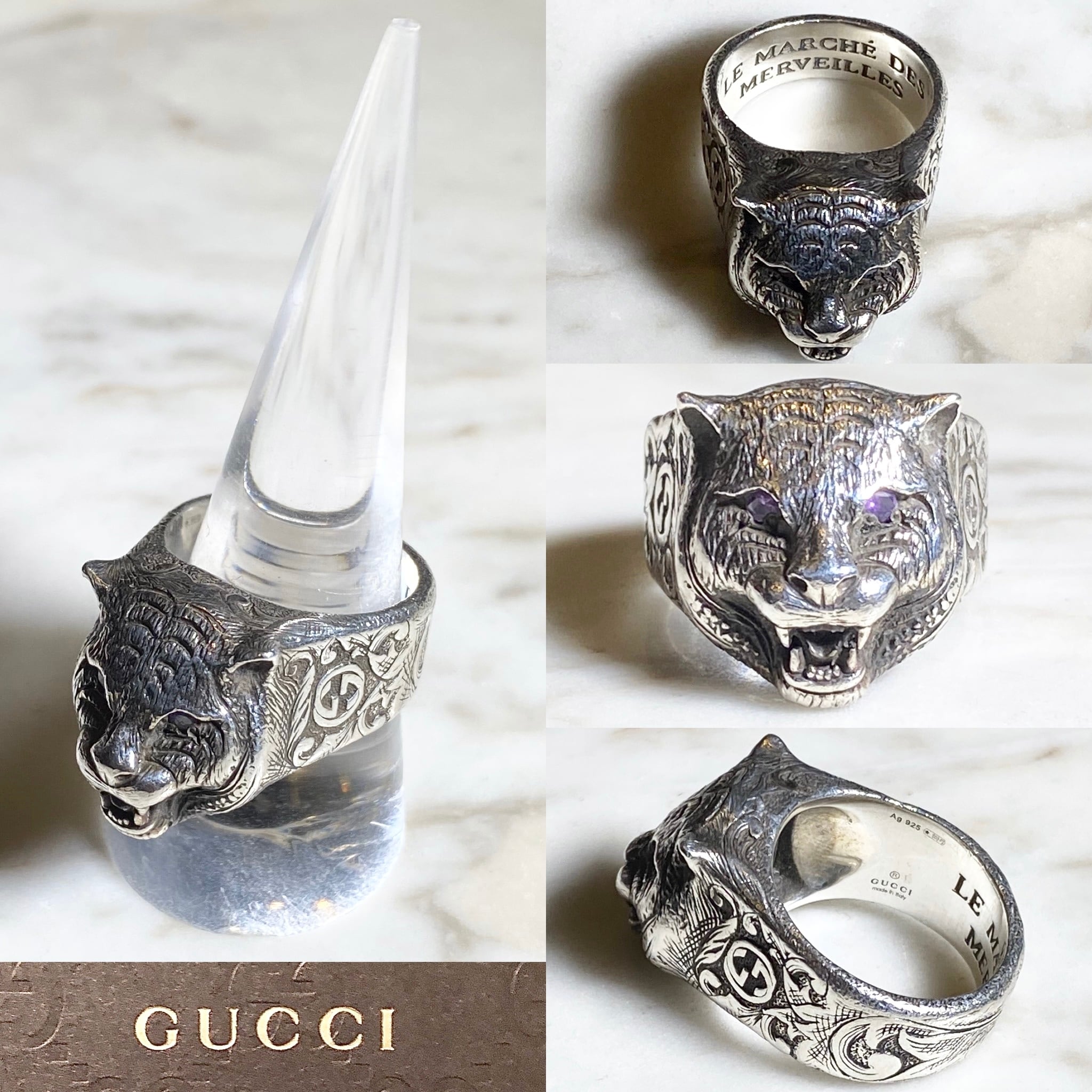 GUCCI engraved silver tiger head ring “le marche des merveilles 