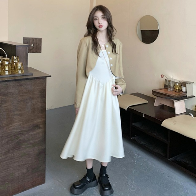 セットアップ ワンピース ホワイト ナチュラル フレア ミモレ丈 ノースリーブ ジャケット 長袖