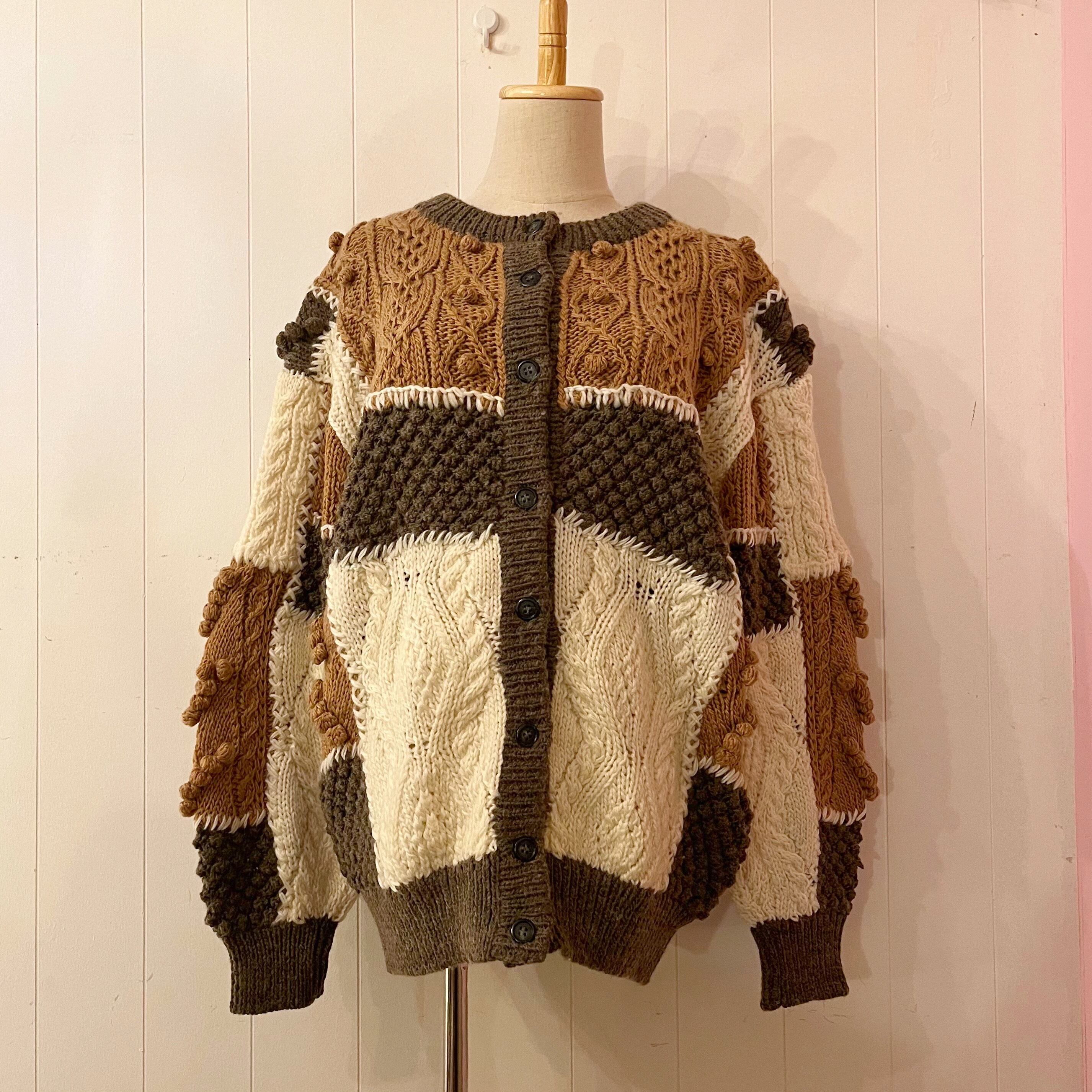 patchwork ponpon knit cardigan