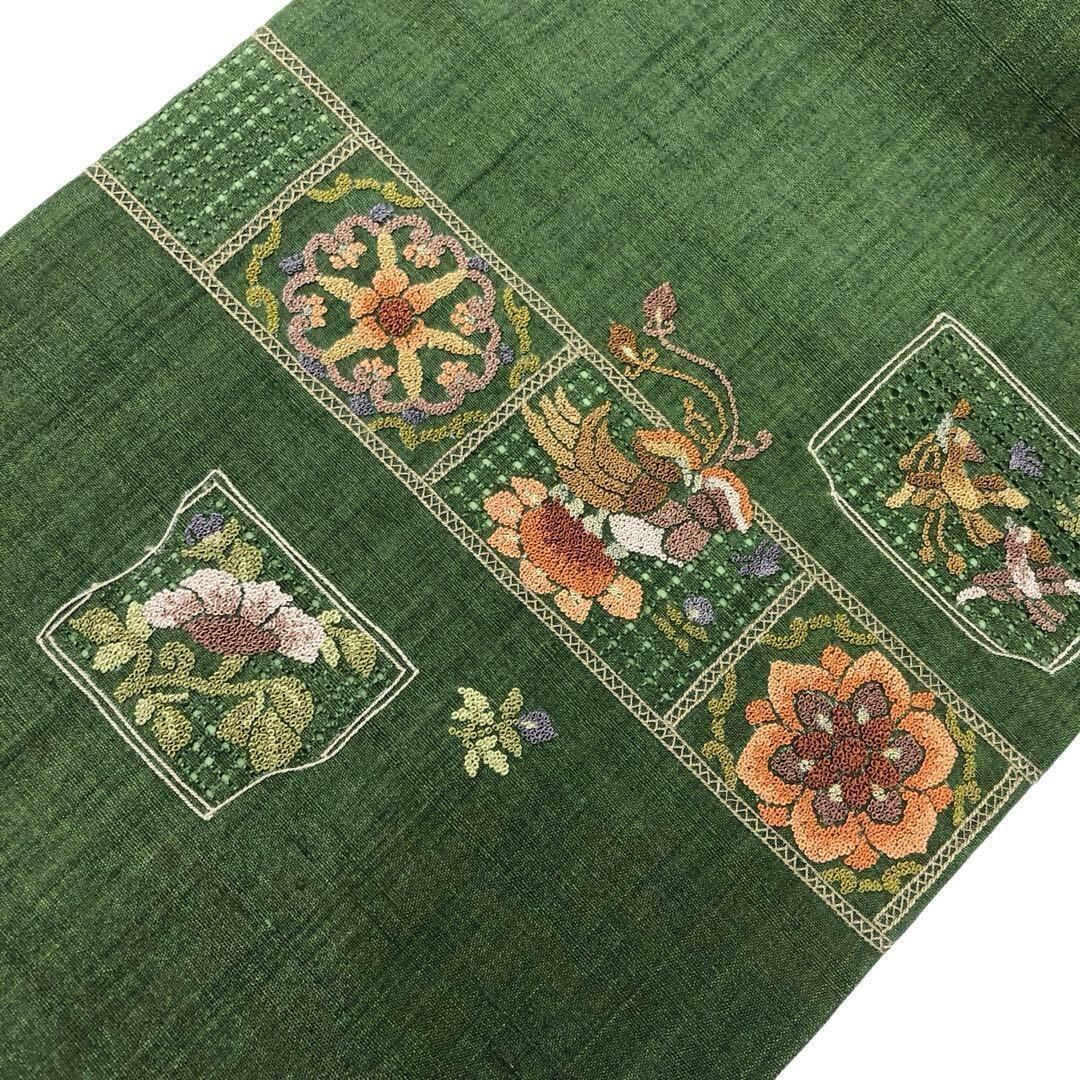 名古屋帯 紬 汕頭刺繍 相良刺繍 鳥と花模様 青丹色 O-4278 名古屋帯 紬 汕頭刺繍 相良刺繍 鳥と花模様 青丹色 O-4278 着物