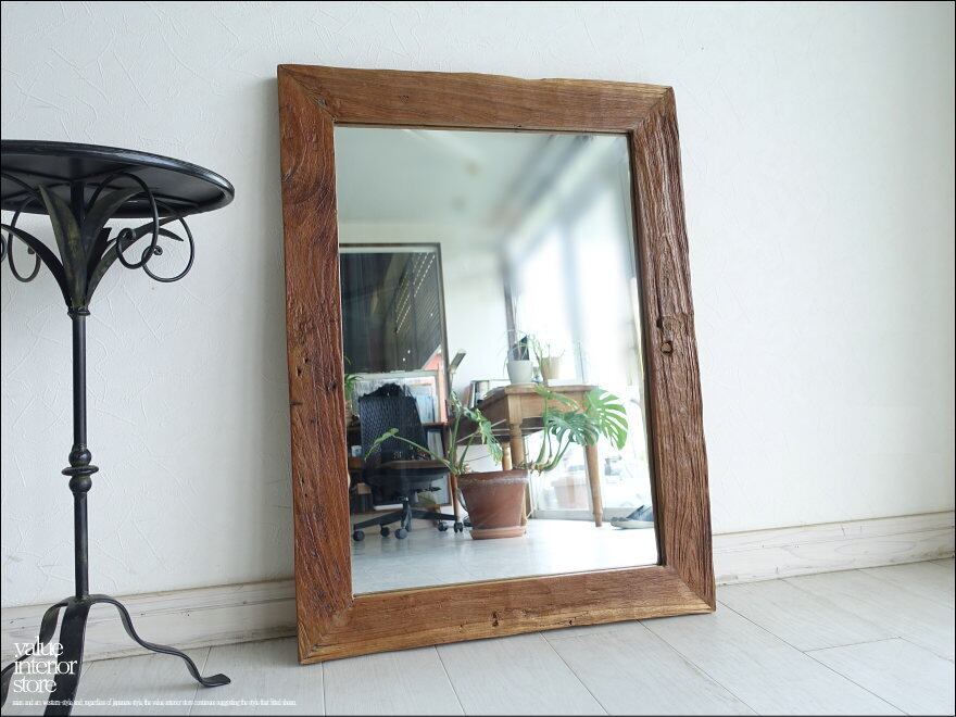 古材 鏡 壁掛けミラー オールドチークフレームミラー壁掛80/Y レトロ 手作り 総無垢 自然な様 古材家具 送料無料 W60 x H80cm