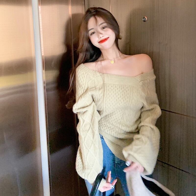 セーター オータムウィンタールーズソリッド カラートップス ロング 秋物 冬物 オフショルダー ソリッドカラー ガールズファッション11158430514