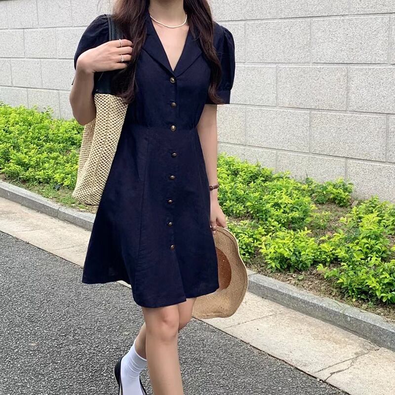 ショートネイビーカラースリーブウェストドレス サマー コットン 夏物 ビッグFスモールZ韓国96172806178