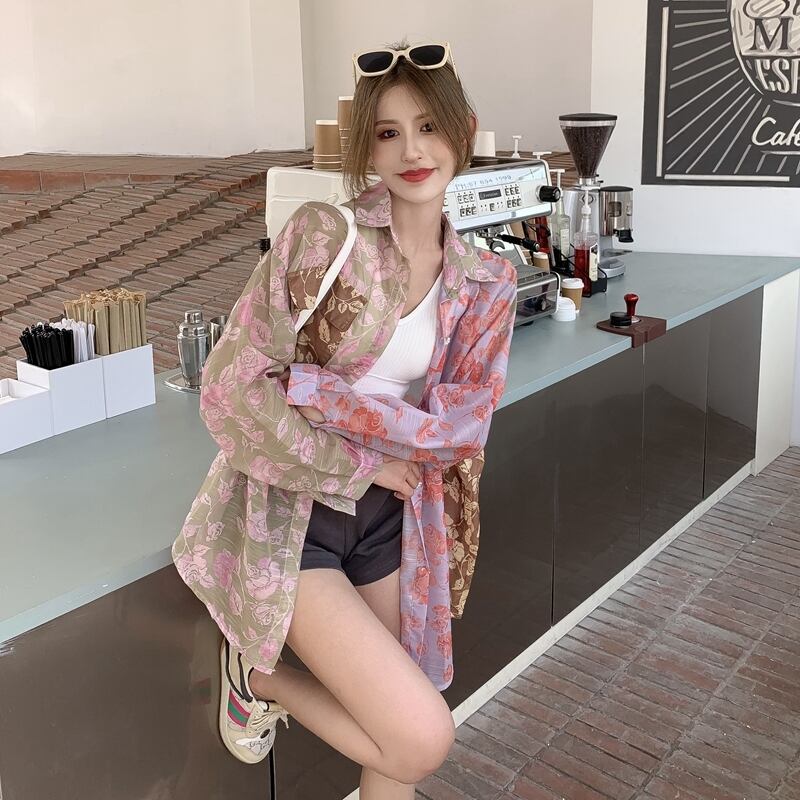 シャツカラーフローラルジャケット サマー薄手トップス ロング 夏物 花柄 ブラックストロベリース62223256180