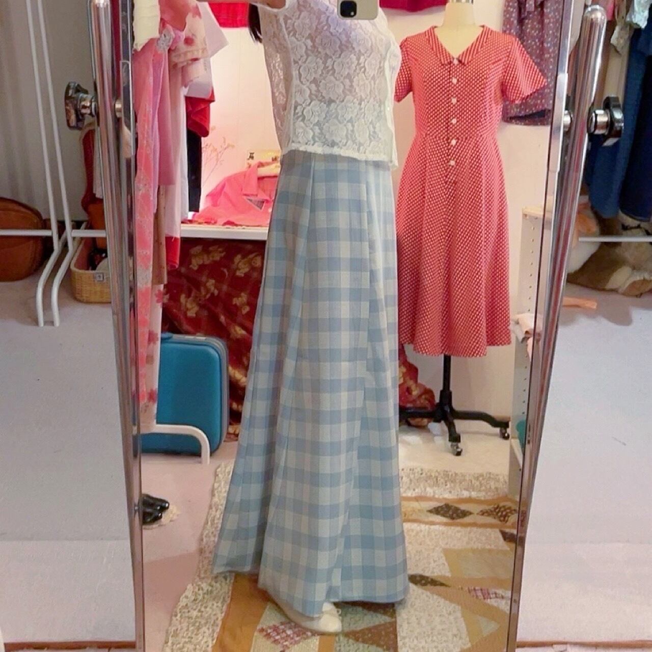 light blue block check skirt