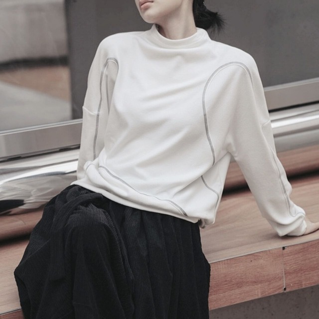 Drop shoulder high neck long sleeve top【2color】 C0828