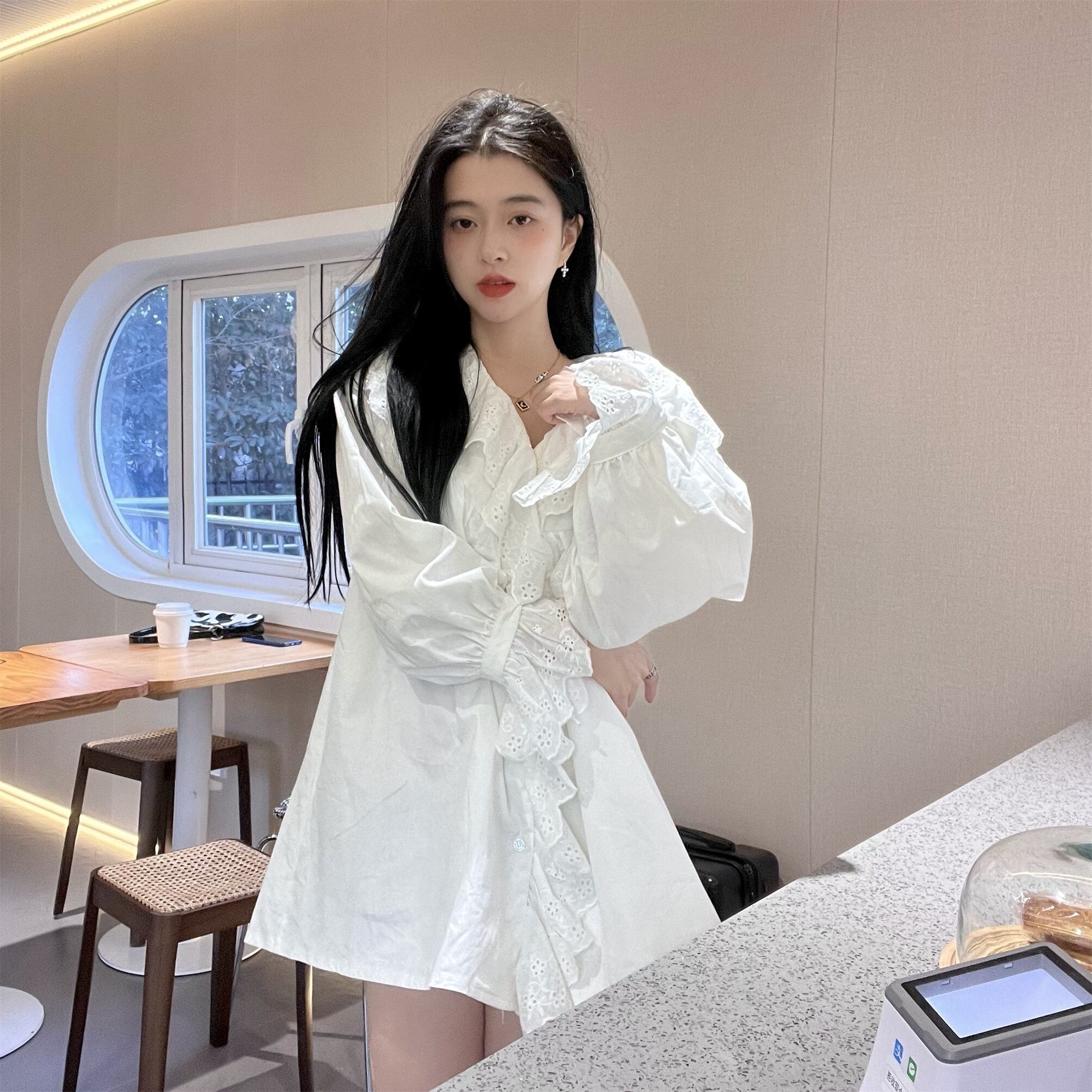 Vネック フリル シャツワンピース ワンピース シャツ プルオーバー